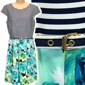 Nautical yacht sailing midi dress navy‎ stripe watercolor floral belted waist